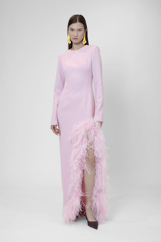 Long dress with long sleeves and side slit with feathers