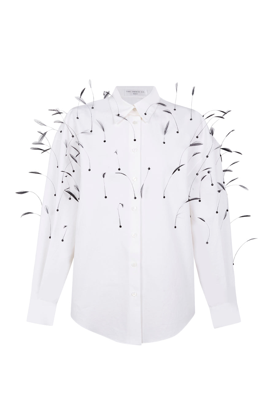 Poplin blouse with crystals and natural feathers