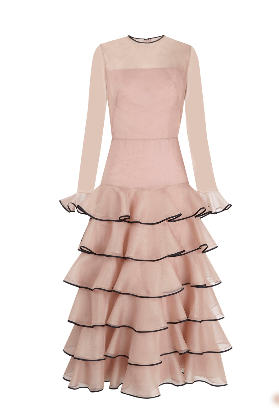Long-Sleeve Silk Organza Dress with Black-Trimmed Ruffles