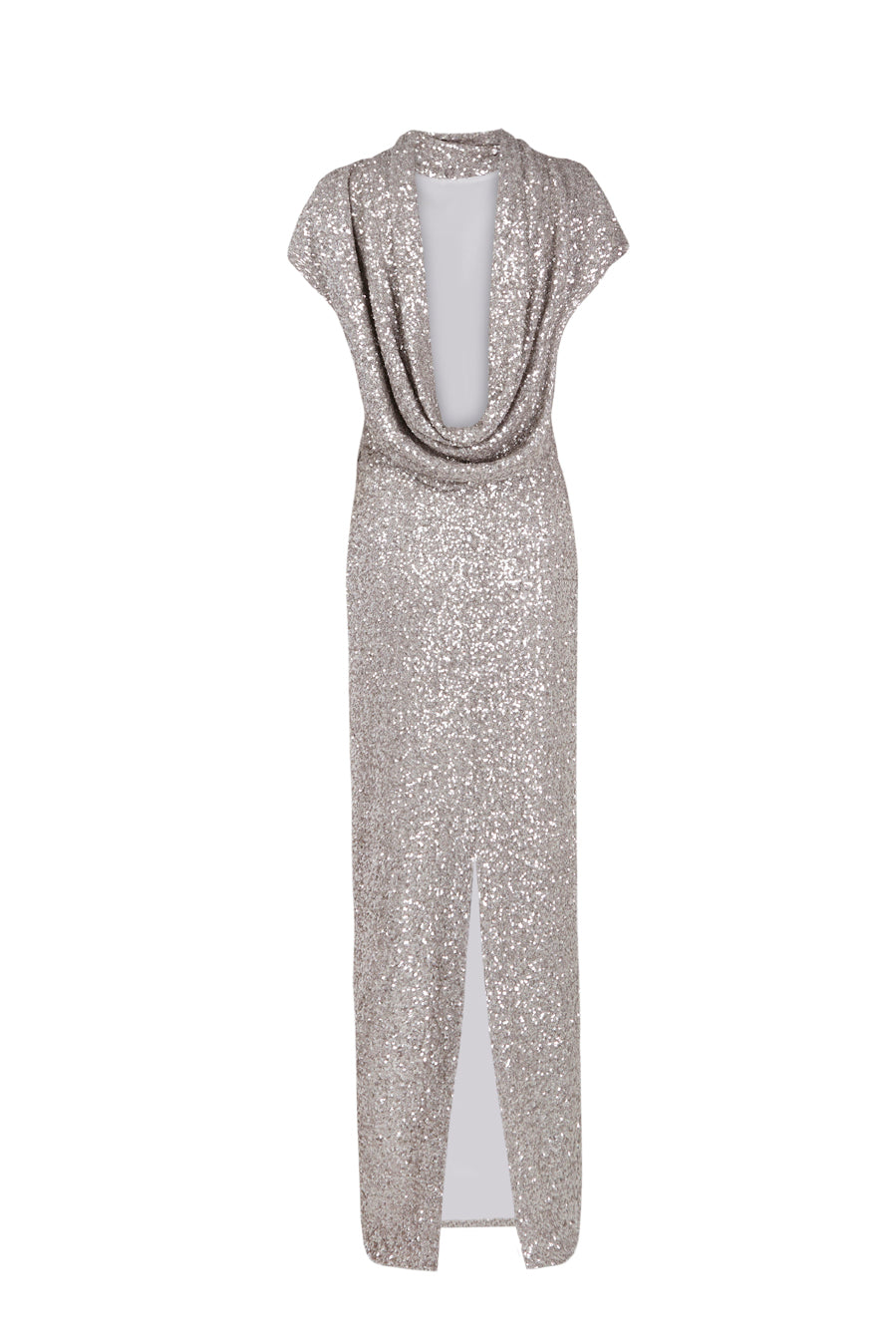Long Sequin Dress with Draped Open Back