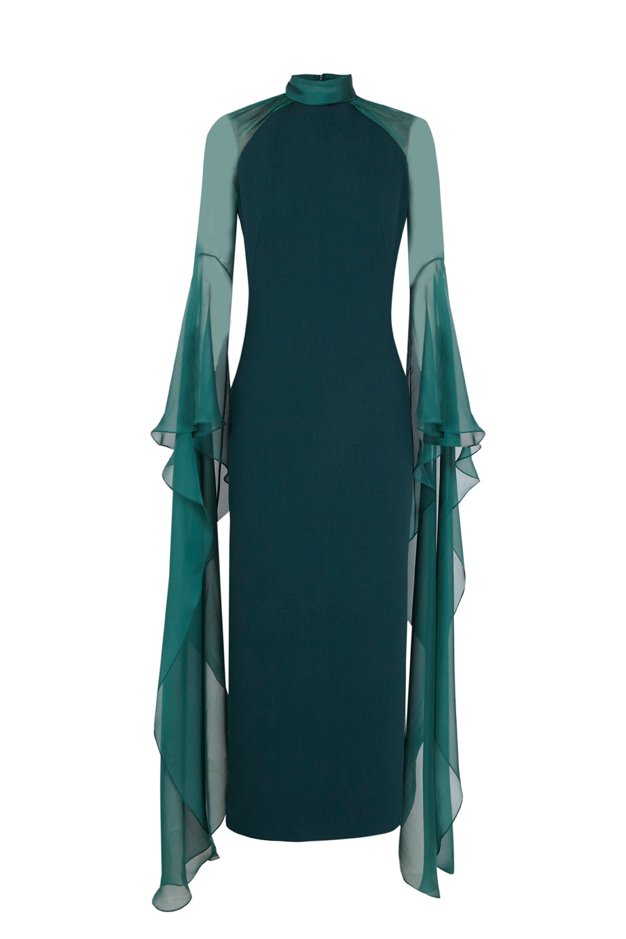 Fitted Midi Wool Crepe Dress with Silk Muslin Sleeves