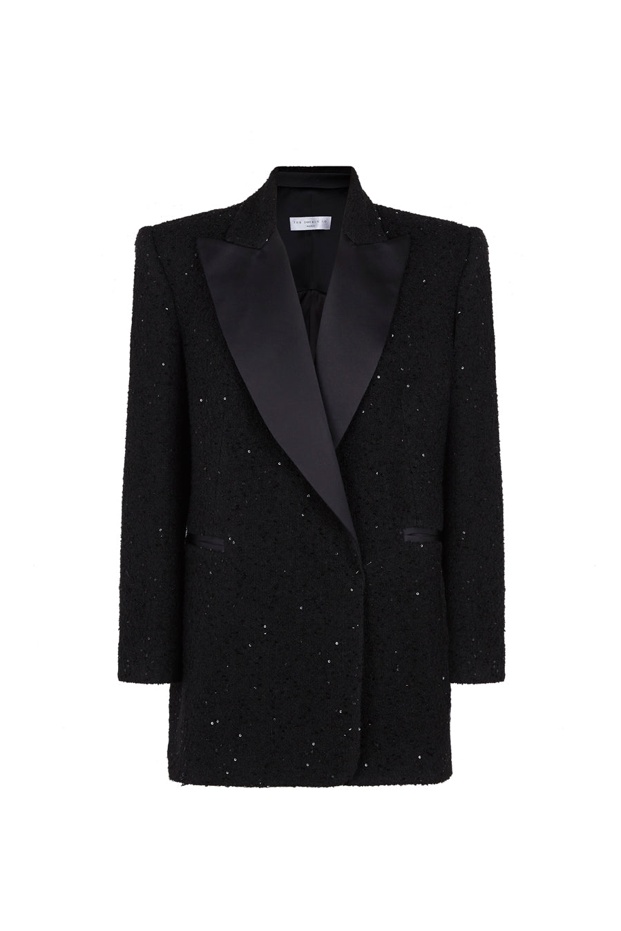 Black double breasted tweed tuxedo blazer
