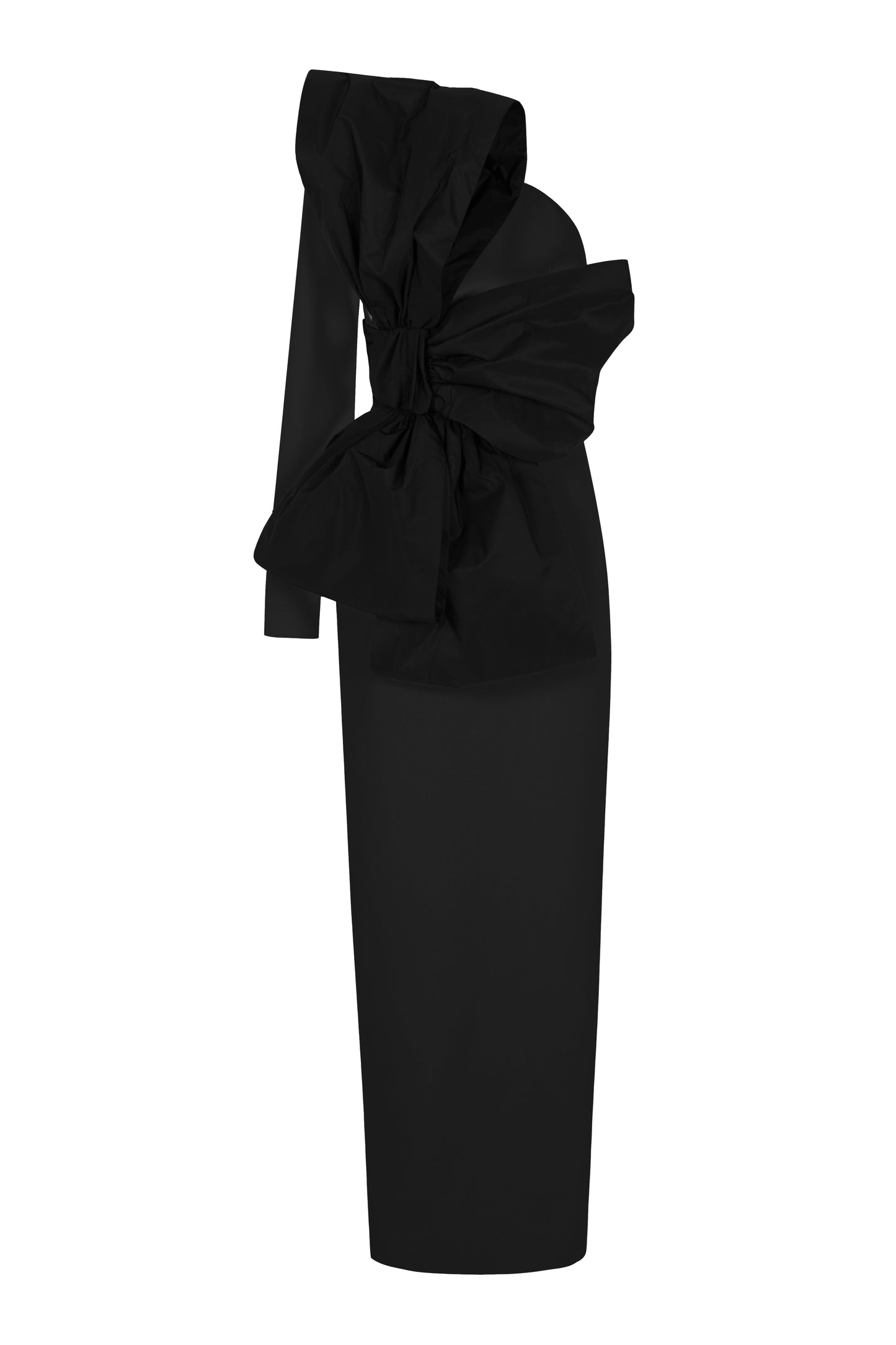 Long dress with asymmetrical sleeves and maxi bow